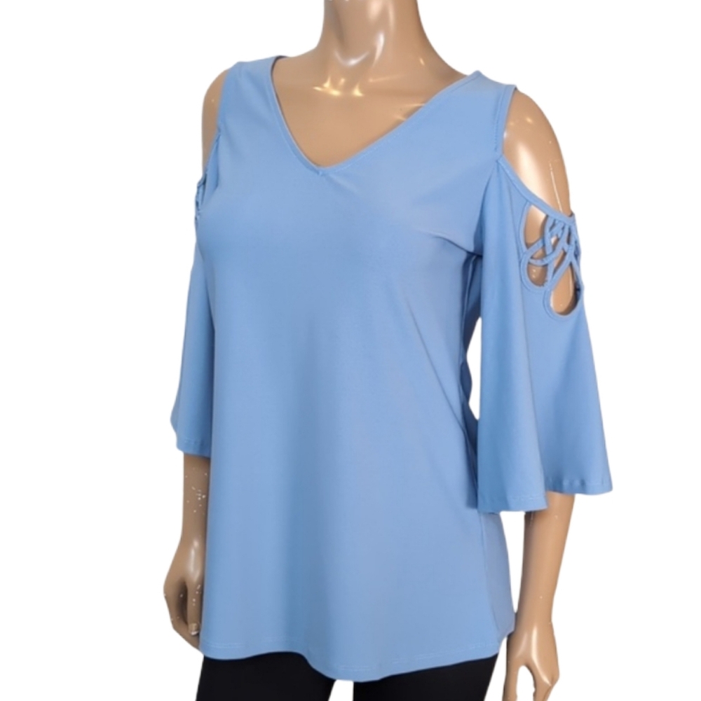 Lily Morgan Cold Shoulder Bell Sleeve Top Spring Solid Blue Size Small